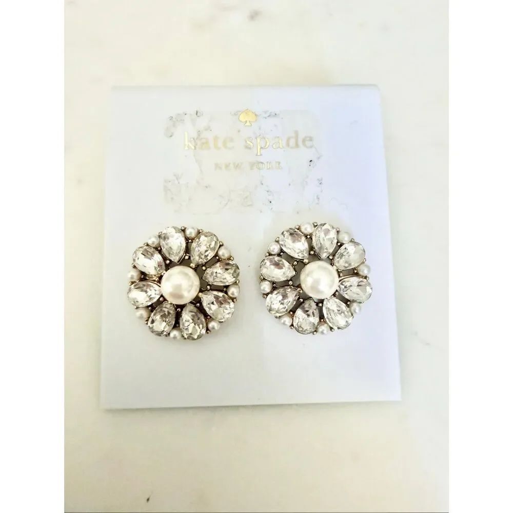 Kate Spade Crystal Pearl Flower Stud Earrings Gold Tone Rhinestone Bridal Weddin
